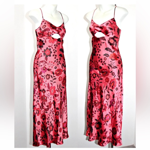 🏷️ NWT House of Harlow 1960 Pink Satin Floral Cut Out Midi Slip Dress - Picture 2 of 15